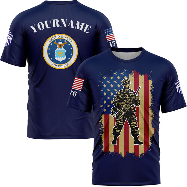 Custom Navy 1776 American Flag U.S Air Force Military Rank Name T-Shirt