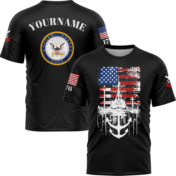 Custom Black Warship 1776 American Flag U.S Navy Military Rank Name T-Shirt