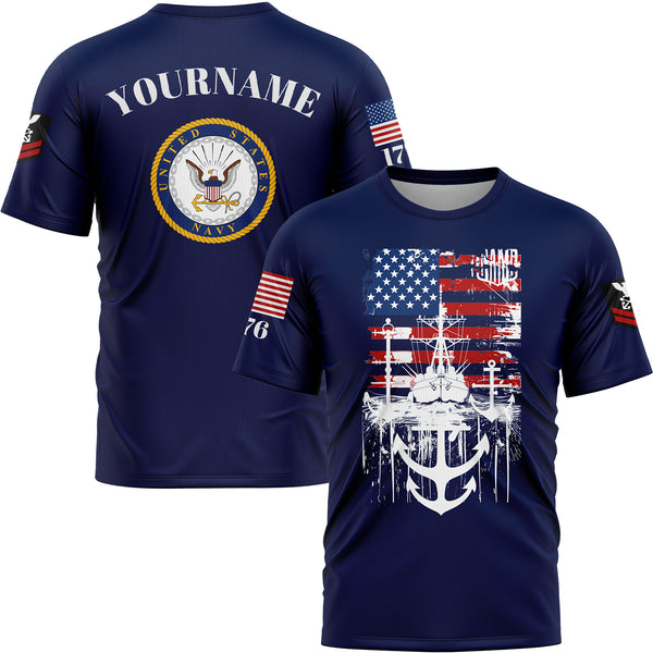 Custom Navy Warship 1776 American Flag U.S Navy Military Rank Name T-Shirt