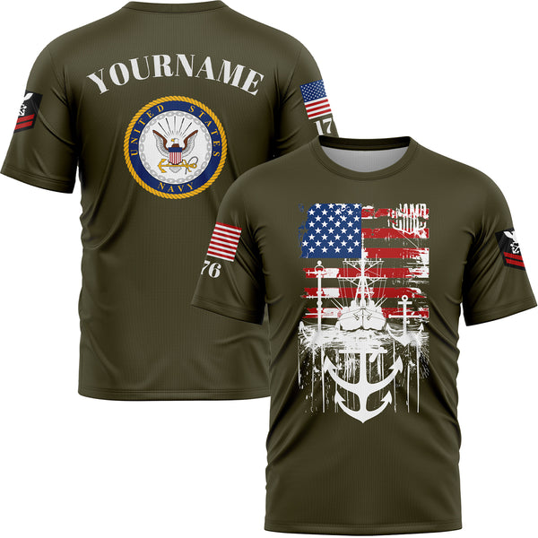 Custom Olive Warship 1776 American Flag U.S Navy Military Rank Name T-Shirt