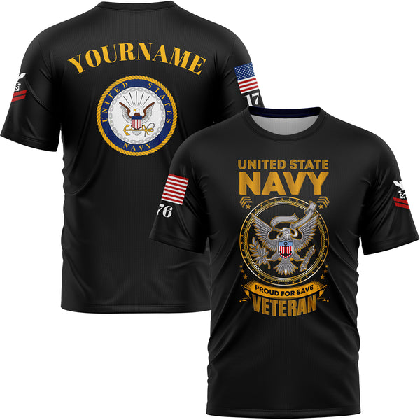 Custom Black Veterans 1776 American Flag U.S Navy Military Rank Name T-Shirt