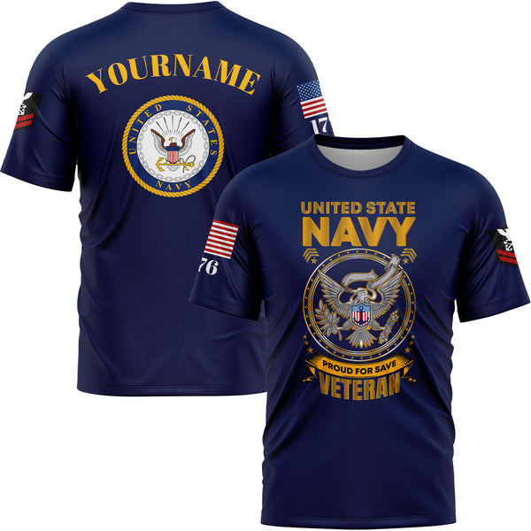 Custom Navy Veterans 1776 American Flag U.S Navy Military Rank Name T-Shirt
