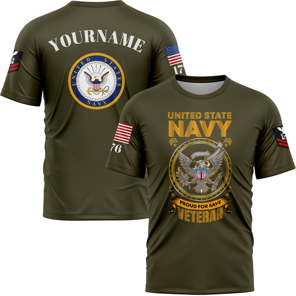 Custom Olive Veterans 1776 American Flag U.S Navy Military Rank Name T-Shirt