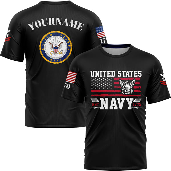 Custom Black Est 1775 American Flag U.S Navy Military Rank Name T-Shirt