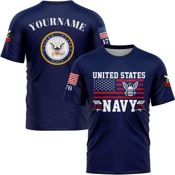 Custom Navy Est 1775 American Flag U.S Navy Military Rank Name T-Shirt