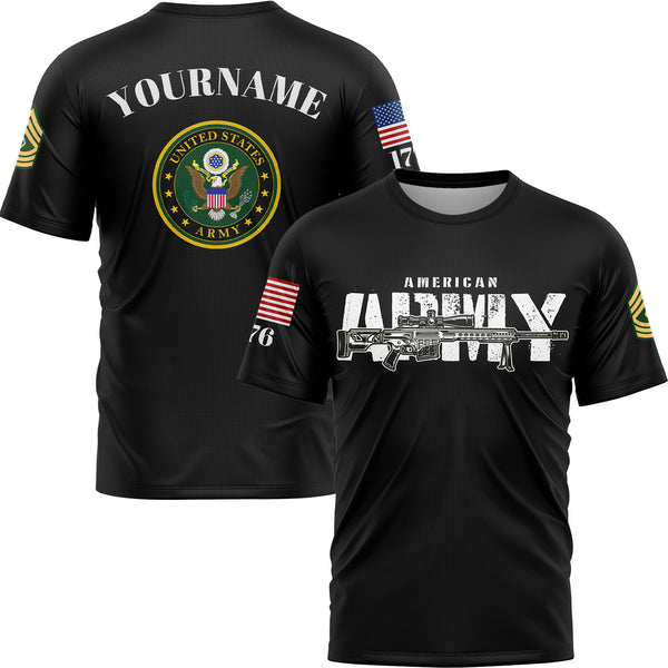 Custom Black Barrett 1776 American Flag U.S Army Military Rank Name T-Shirt