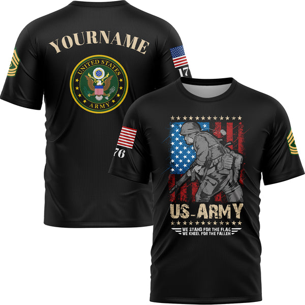 Custom Black We Stand For The Flag We Kneel For The Fallen 1776 American Flag U.S Army Military Rank Name T-Shirt
