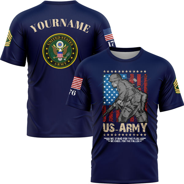 Custom Navy We Stand For The Flag We Kneel For The Fallen 1776 American Flag U.S Army Military Rank Name T-Shirt