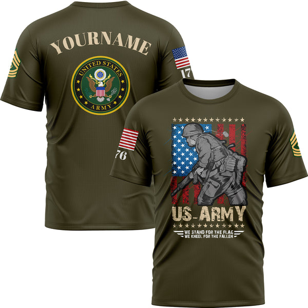 Custom Olive We Stand For The Flag We Kneel For The Fallen 1776 American Flag U.S Army Military Rank Name T-Shirt