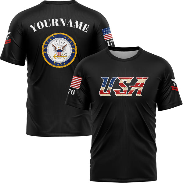 Custom Black USA 1776 American Flag U.S Navy Military Rank Name T-Shirt