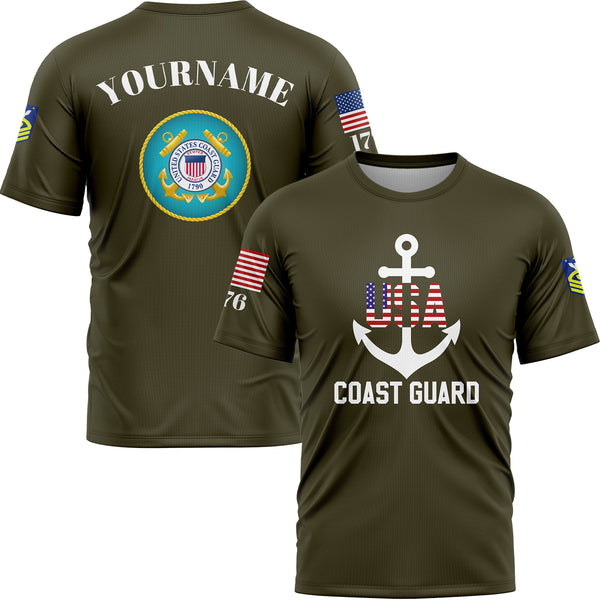 Custom Olive USA 1776 American Flag U.S Coast Guard Military Rank Name T-Shirt