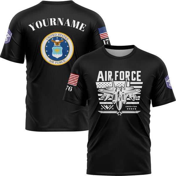 Custom Black Fighter 1776 American Flag U.S Air Force Military Rank Name T-Shirt