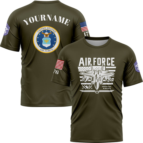 Custom Olive Fighter 1776 American Flag U.S Air Force Military Rank Name T-Shirt