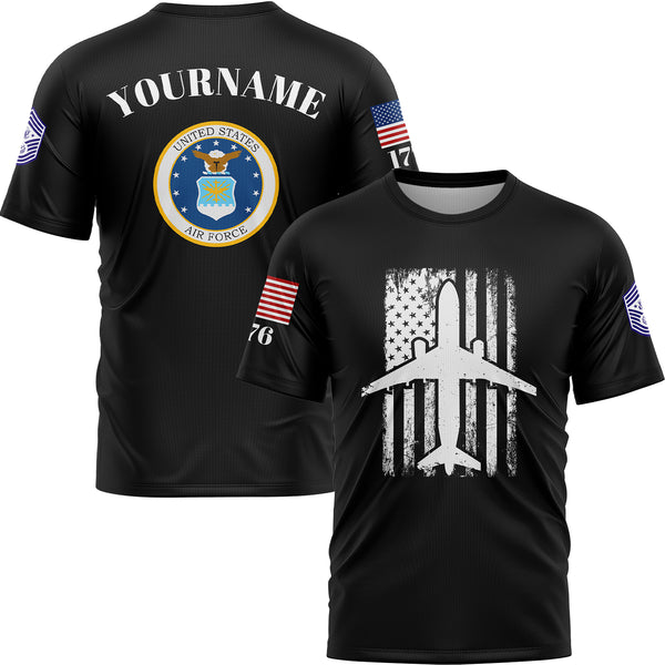 Custom Black Fighter 1776 American Flag U.S Air Force Military Rank Name T-Shirt