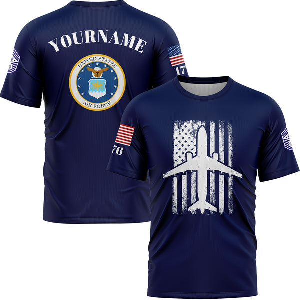 Custom Navy Fighter 1776 American Flag U.S Air Force Military Rank Name T-Shirt