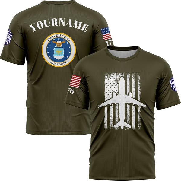 Custom Olive Fighter 1776 American Flag U.S Air Force Military Rank Name T-Shirt