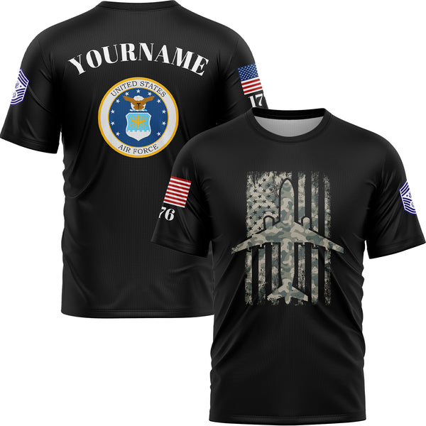 Custom Black Fighter 1776 American Flag U.S Air Force Military Rank Name T-Shirt