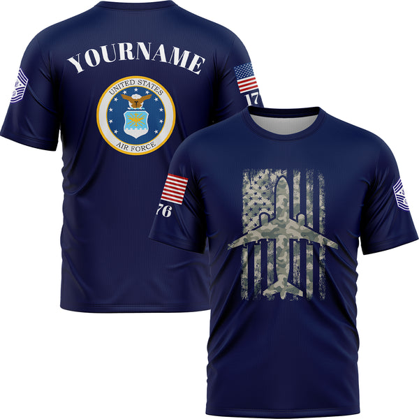 Custom Navy Fighter 1776 American Flag U.S Air Force Military Rank Name T-Shirt