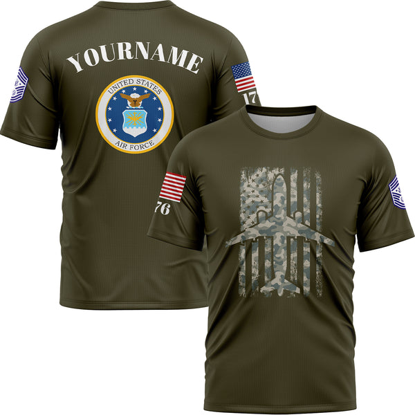 Custom Olive Fighter 1776 American Flag U.S Air Force Military Rank Name T-Shirt