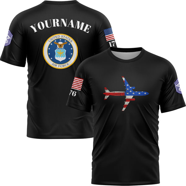 Custom Black Fighter 1776 American Flag U.S Air Force Military Rank Name T-Shirt