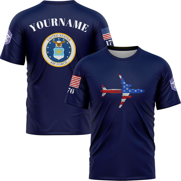 Custom Navy Fighter 1776 American Flag U.S Air Force Military Rank Name T-Shirt