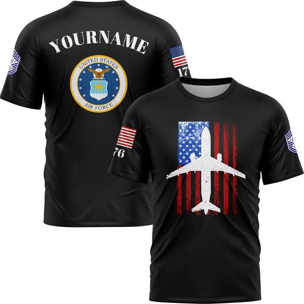 Custom Black Fighter 1776 American Flag U.S Air Force Military Rank Name T-Shirt
