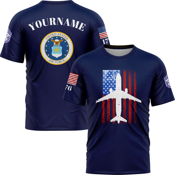 Custom Navy Fighter 1776 American Flag U.S Air Force Military Rank Name T-Shirt
