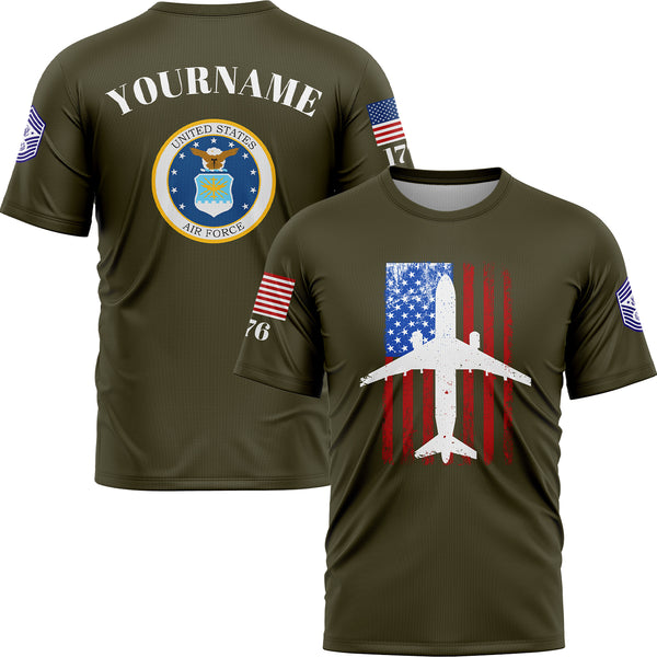 Custom Olive Fighter 1776 American Flag U.S Air Force Military Rank Name T-Shirt