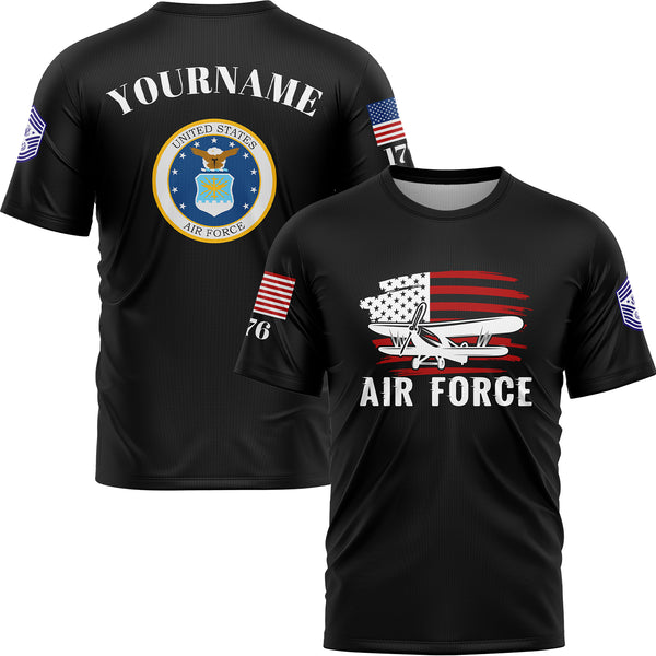 Custom Black Fighter 1776 American Flag U.S Air Force Military Rank Name T-Shirt