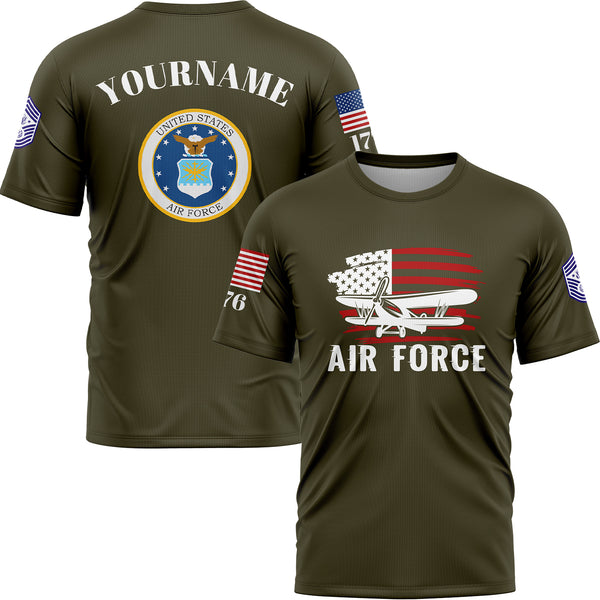Custom Olive Fighter 1776 American Flag U.S Air Force Military Rank Name T-Shirt