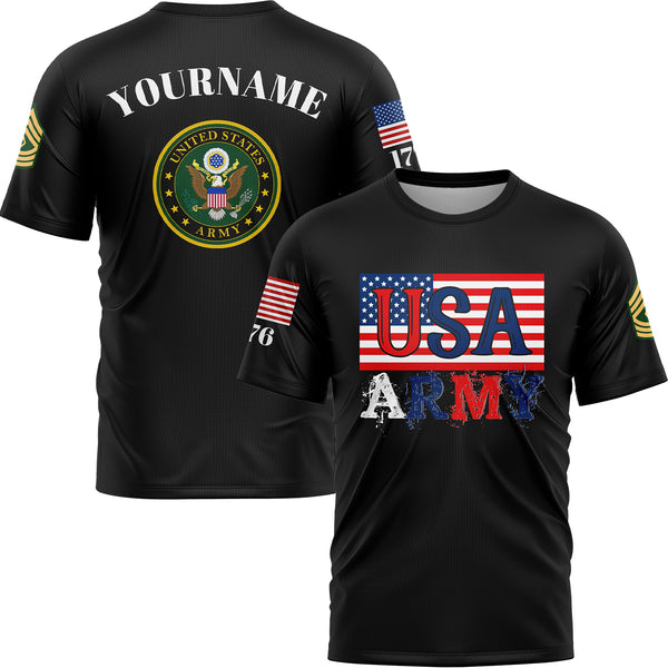 Custom Black USA 1776 American Flag U.S Army Military Rank Name T-Shirt