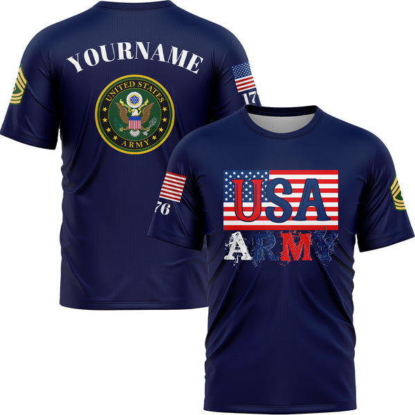 Custom Navy USA 1776 American Flag U.S Army Military Rank Name T-Shirt
