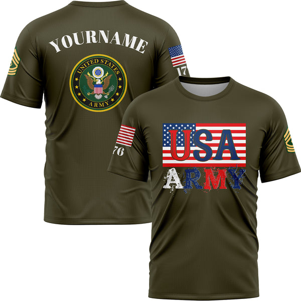 Custom Olive USA 1776 American Flag U.S Army Military Rank Name T-Shirt