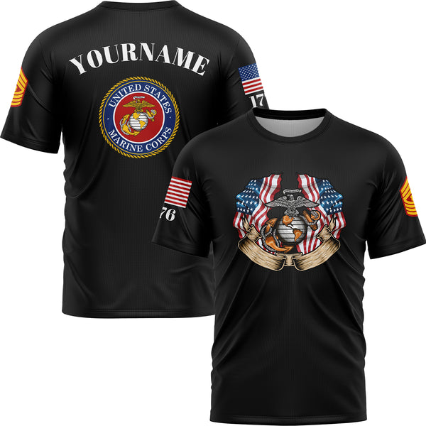 Custom Black 1776 American Flag U.S Marine Corps Military Rank Name T-Shirt