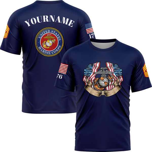 Custom Navy 1776 American Flag U.S Marine Corps Military Rank Name T-Shirt
