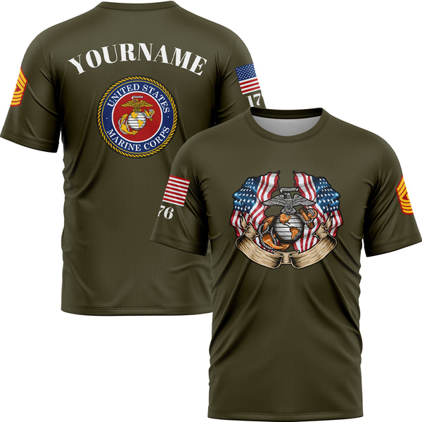 Custom Olive 1776 American Flag U.S Marine Corps Military Rank Name T-Shirt