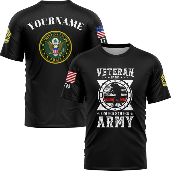 Custom Black Veteran 1776 American Flag U.S Army Military Rank Name T-Shirt