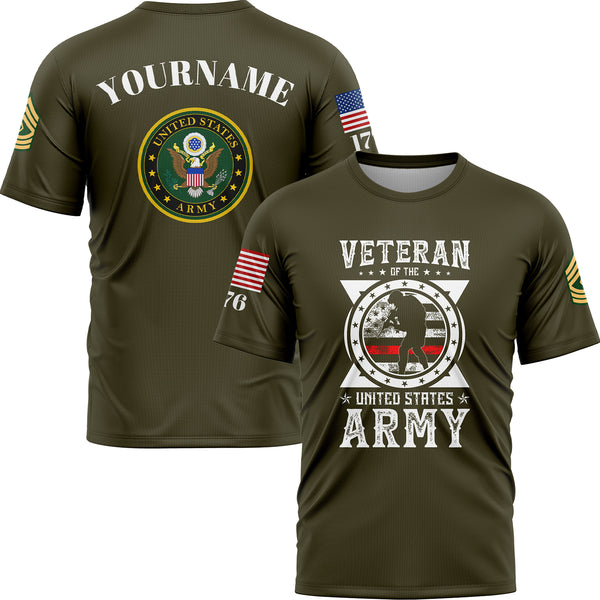 Custom Olive Veteran 1776 American Flag U.S Army Military Rank Name T-Shirt