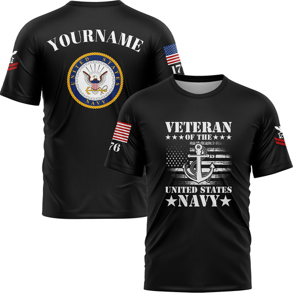Custom Black Veteran 1776 American Flag U.S Navy Military Rank Name T-Shirt