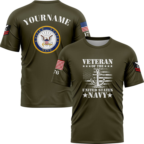 Custom Olive Veteran 1776 American Flag U.S Navy Military Rank Name T-Shirt