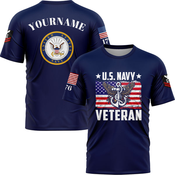 Custom Navy Veteran 1776 American Flag U.S Navy Military Rank Name T-Shirt
