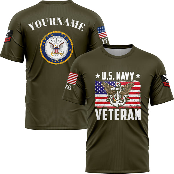 Custom Olive Veteran 1776 American Flag U.S Navy Military Rank Name T-Shirt