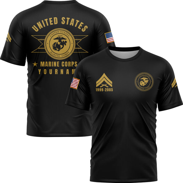 Custom Black U.S Marine Corps Military Rank Veteran Name T-Shirt