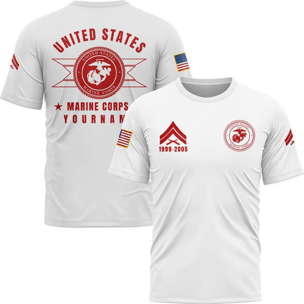 Custom White U.S Marine Corps Military Rank Veteran Name T-Shirt
