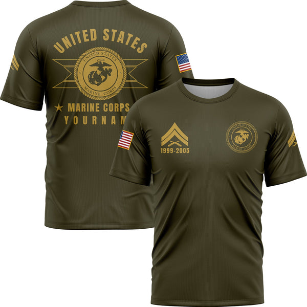 Custom Olive U.S Marine Corps Military Rank Veteran Name T-Shirt