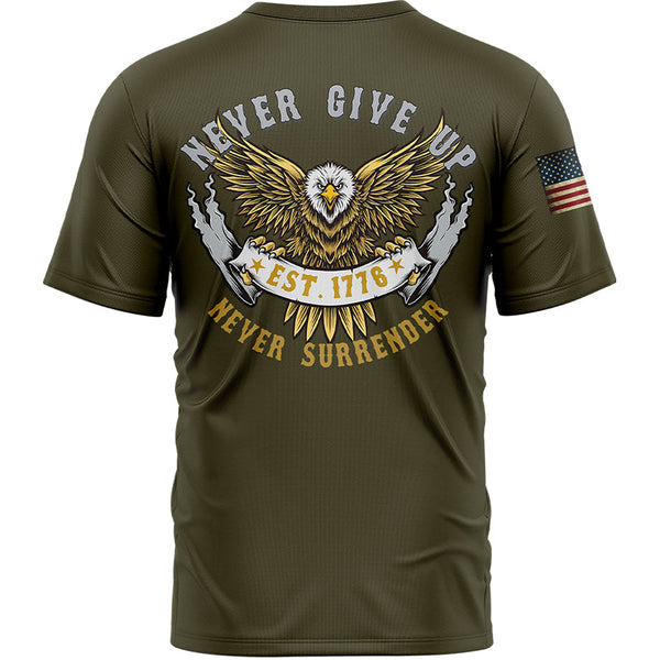 Never Give Up Never Surrender Custom Olive American Patriot Name T-Shirt