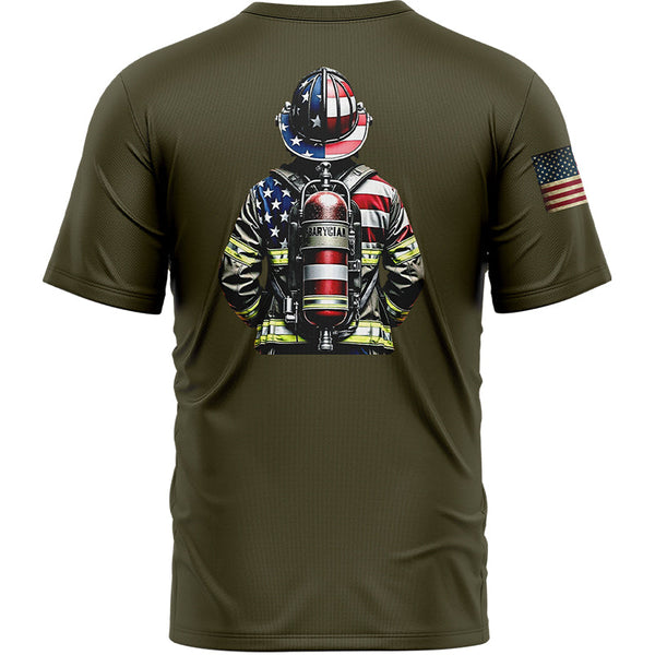 Custom Olive American Patriot Firefighter Name T-Shirt