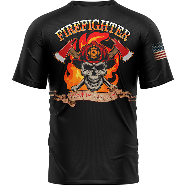 Firefighter First In Last Out Custom Black American Patriot Name T-Shirt