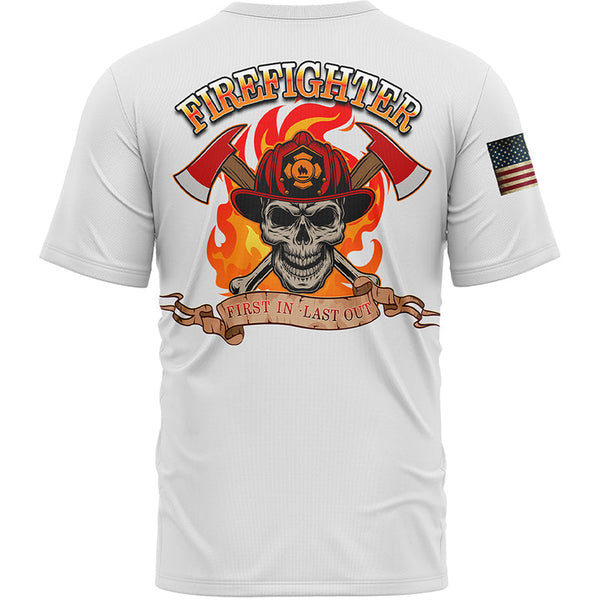 Firefighter First In Last Out Custom White American Patriot Name T-Shirt
