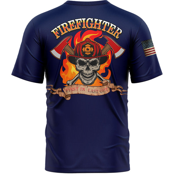 Firefighter First In Last Out Custom Navy American Patriot Name T-Shirt